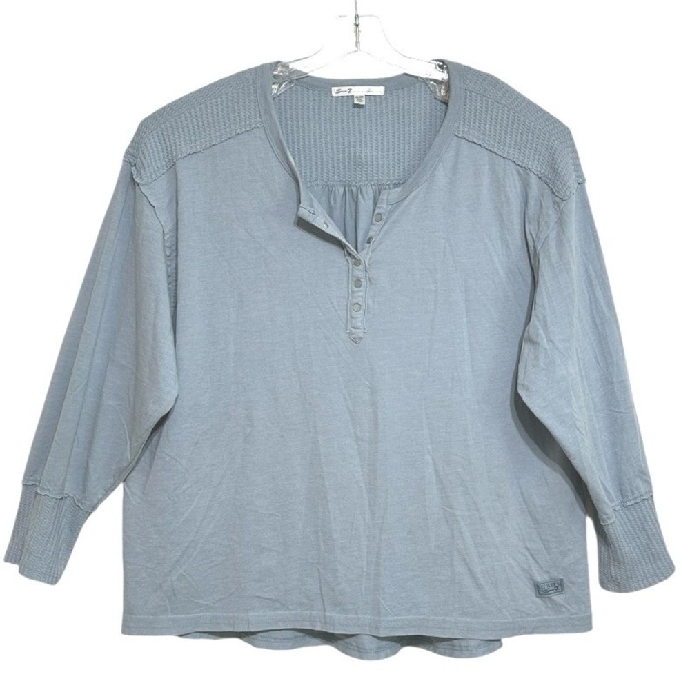 Seven7 Henley Top‎ Womens Ashley Blue Mixed Media Waffle Knit Long Sleeve XXL